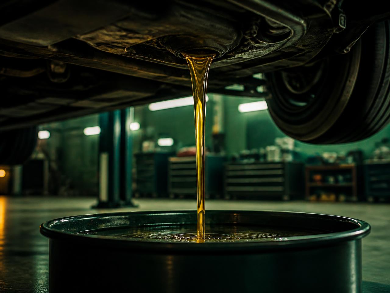 Engine oil draining during a fluid service at Ohio Atlas Truck & Auto in Cleveland