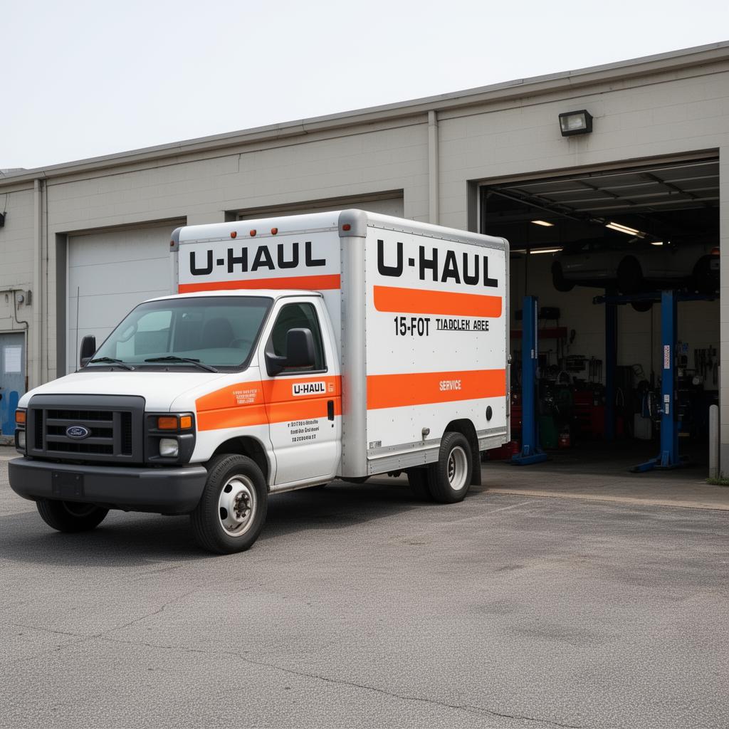 U-Haul rental truck parked by an auto repair service bay